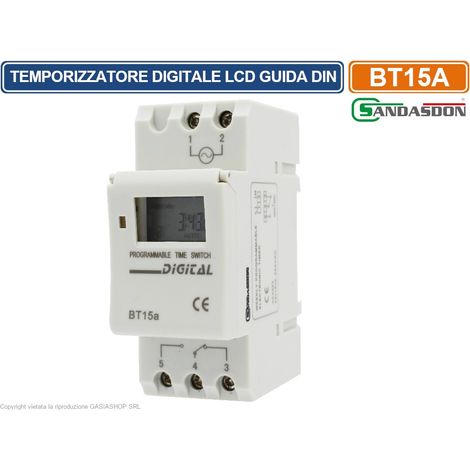 TEMPORIZZATORE LCD DIGITALE INTERRUTTORE ORARIO 2M MONTAGGIO SU BARRA DIN 16A CON RISERVA DI CARICO (1/2)