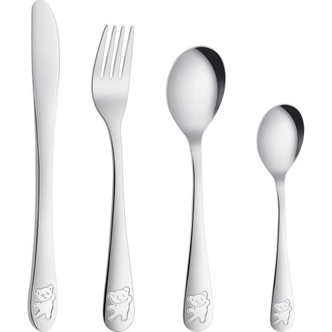 Set de couverts enfant 4 pièces en acier inoxydable motif ours (1/5)