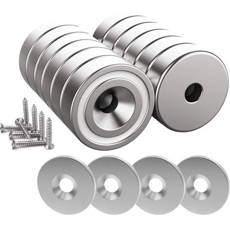 12 pièces Aimants en néodyme 10 KG force 20 x 7 mm avec trou et capsule, aimant en pot fraisé avec vis et 12 coussins en acier (Argent Brillant) H252