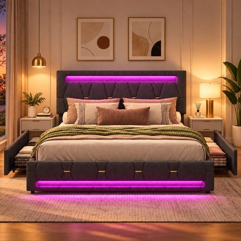 Lit 140 x 200 cm avec bandeau lumineux LED,Lit double 140 x 200 cm avec quatre grands tiroirs,Tête de lit rembourrée et réglable en hauteur,Lin Gris foncé (1/5)