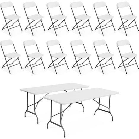 Lot de 2 tables de réception pliables en plastique blanc 180cm + 12 chaises d'appoint. table de camping