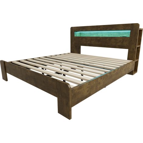 Lit en bois 180 x 200 cm avec tête de lit de rangement, LED et prises, effet vintage (1/5)