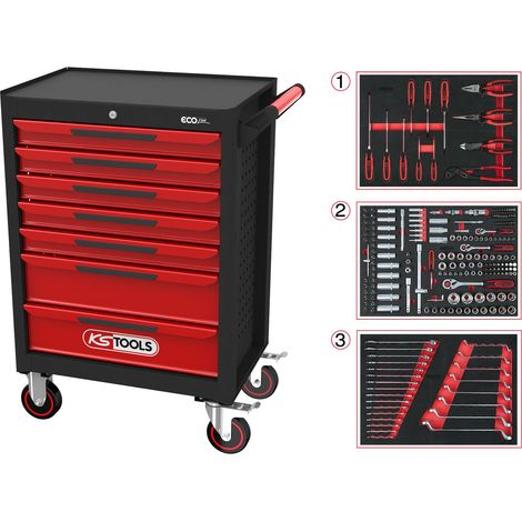 Ks Tools – Servante d'atelier roulante 7 tiroirs – Acier 0,8mm – Charge 300kg – Dimensions L748 x H1014 x P459mm – Système de fermeture SOFT CLOSE