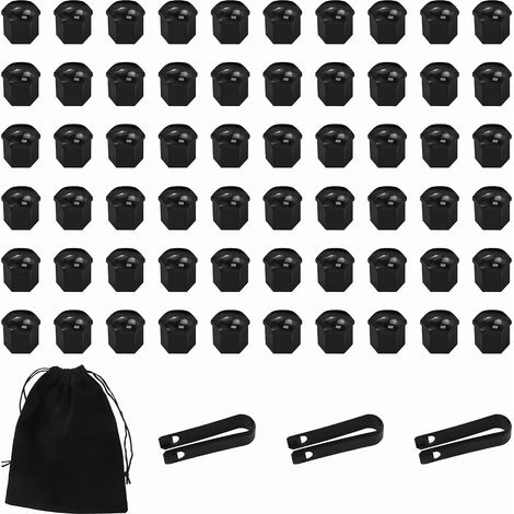 Lot de 60 cache-écrous de roue universels 19 mm avec kit d'outils de retrait et sac de rangement pour voiture (noir) (1/5)