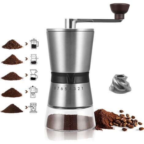 Molinillo de café manual - 8 niveles de molienda - Piedras de molienda de cerámica - Acero inoxidable - Para todos los métodos de preparación (1/5)