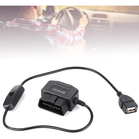 Cavo di alimentazione per telecamere da cruscotto GPS, lunghezza 47,5 cm (18,7 pollici), interfaccia USB OBD2 a 16 pin, adatto a diversi veicoli.