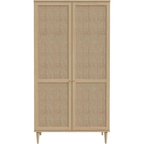 Armoire de chambre 2 portes battantes – Décor chêne et cannage – Dimensions L110 x H208 x P54 cm – Tringle à habits et étagère (1/5)