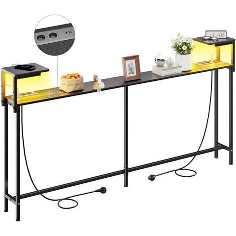 ECOFURNIX Table Console Longue LED, 180cm Console Meuble avec 2 Prises et Ports USB-C, pour Couloir et Entrée, Gris