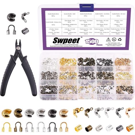 Sweet Lot de 1 501 perles à sertir en laiton avec pince à sertir, 6 couleurs, 4 styles (1/5)