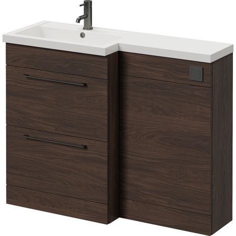 Napoli 390 Brown Oak 1100mm 2 Drawer Vanity Unit Toilet Suite with Square Left Hand Lucia Basin - 1100mm - Gunmetal Grey 320mm HandleWithout Kingston Toilet Pan