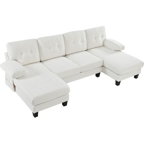 Canapé d’angle U 4 à 6 places en tissu beige avec double méridienne, poches latérales, accoudoirs amovibles et style moderne - CHICFURN (1/5)