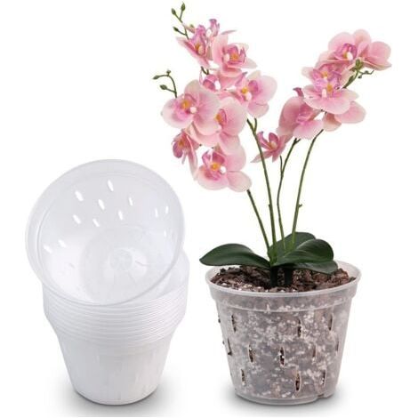 Pots d'orchidées en plastique transparents de 5 pouces, 10 pièces, pots de plantation d'orchidées, contrôle des racines des plantes, pots en maille avec trous et plateaux (1/4)