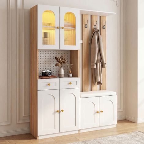 Armoire avec banquette et éclairage LED, meuble à chaussures, armoire d'entrée à panneaux à lattes, montage flexible à gauche ou à droite, design moderne blanc et chêne - H 180/L 120/P 30 cm (1/5)