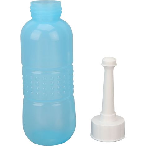 Bouteille de bidet vide portable pour soins post-partum 450 ml, bleue, avec sac de rangement et embout droit, idéale pour le camping et les voyages. (1/5)