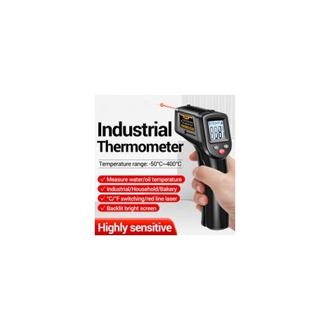 Termómetro infrarrojo sin contacto con pantalla LCD retroiluminada, rango de -50 °C a 400 °C, medición precisa en 0,5 segundos, para uso en cocinas e industria. (1/5)