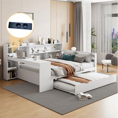 MEUBLIV Lit 140x200 cm blanc – avec bureau, rangements et lit gigogne, sans matelas (1/5)