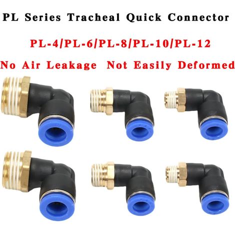 (5PCS-PL10-04) Raccord rapide pneumatique série PL, coude à 90°, connexion rapide par simple pression pour tuyau de 4 à 12 mm vers filetage mâle M5, G1/8 ou G1/4. (1/5)