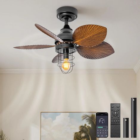 Ventilateur de plafond 70 cm, télécommande/contrôle par application, ventilateur de plafond en métal avec 2 tiges de suspension, 6 vitesses, minuterie