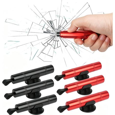6-teilig - 2-in-1-Sicherheitshammer & Gurtschneider - Notfallhammer - Autohammer - Halterung - Tragbarer Sicherheitshammer fürs Auto - Glasbrecher - Rettungswerkzeug für Auto und Bus - Schwarz und Rot (1/5)