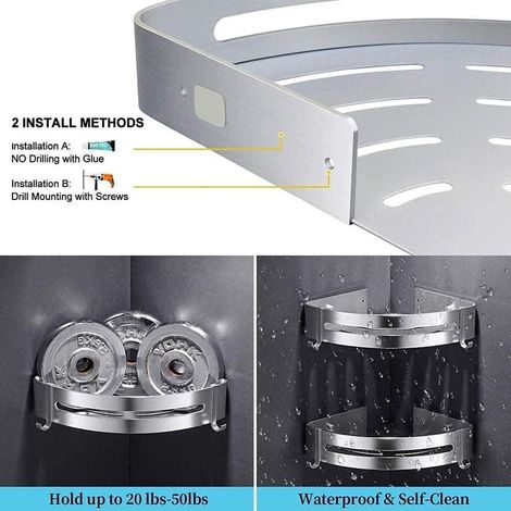 Eckduschablage, Badezimmerregal ohne Bohren – mit 2 Haken – Edelstahl/Aluminium – wasserdicht – für Bad und Küche – Silber (1/4)