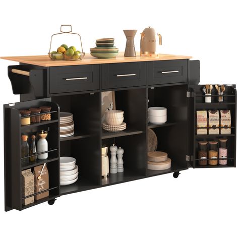 Îlot de Cuisine Noir et Bois Chariot de Cuisine sur Roulettes Desserte avec Plateau Pliable et Rangement (1/5)