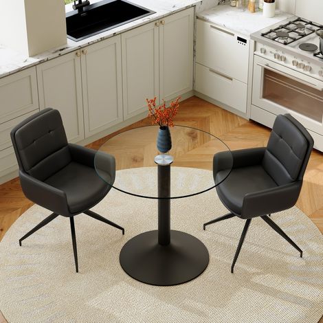 Ensemble table ronde verre trempé 85x85x76cm piètement noir + 2 chaises PU noires pivotantes 360° style luxe épuré pour salle à manger (1/5)