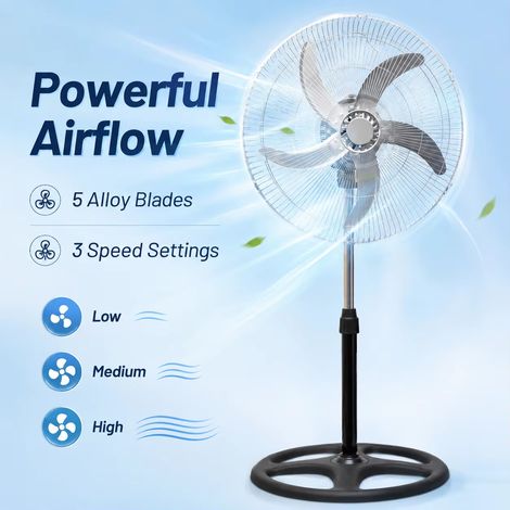 Ventilateur sur pied en métal pour la maison, 65W, 5 pales en aluminium, 3 vitesses, oscillation horizontale automatique, hauteur réglable 125cm, 220-240V (1/5)