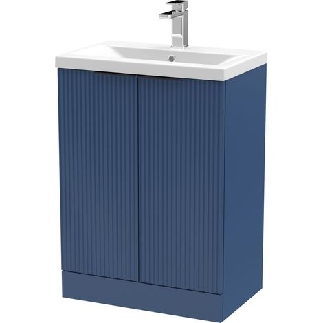 Fluted Front Floor Standing 2 Soft Close Door Bathroom Vanity Unit with 1 Tap Hole Basin, 600mm, Satin Blue, Black Handles (1/5)