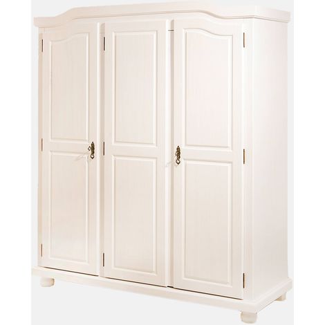 Dmora – Armoire 3 portes en pin massif verni à l'eau – Dimensions 150x180x56 cm – Style classique blanc – Rangement optimisé pour vêtements (1/5)