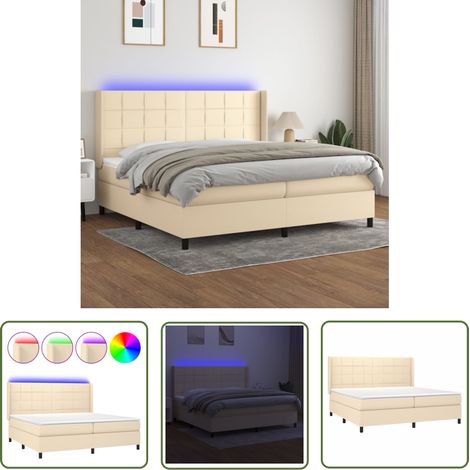 The Living Store Sommier à lattes de lit matelas et LED Crème 200x200 cm Tissu - Sommier Tapissier - Lit Plateforme - Lit Avec Rangement - Matelas À Ressorts Ensachés - Éclairage LED (1/5)