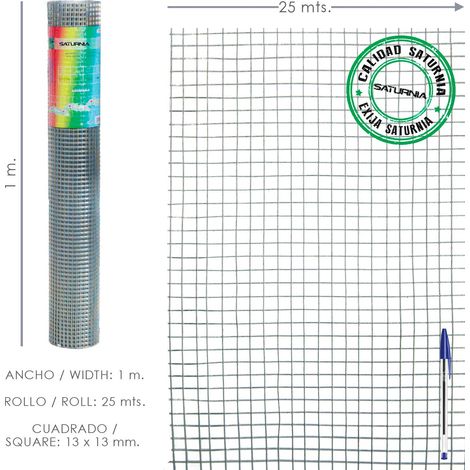 SATURNIA - Malla Electrosoldada Galvanizada 13x13 / Altura 100 cm. Rollo 25 Metros Uso Domestico