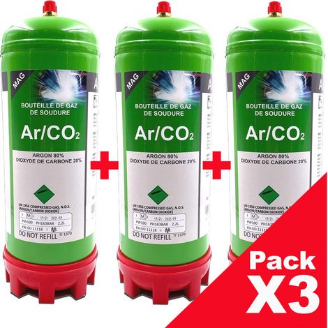 PACK (X3) BOUTEILLES GAZ ARGON + CO2 jetable 2,2 Litres - Soudure Acier Inox