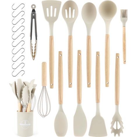 Lot de 12 ustensiles de cuisine en silicone, antiadhésif, résistant à la chaleur, passe au lave-vaisselle, accessoires de cuisine, set de couverts avec seau (Kaki) (1/5)
