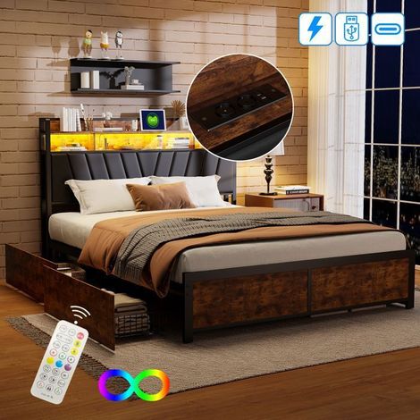 Doppelbett 160x200 cm - TANANT - Metall - 4 Schubladen - LED-Beleuchtung - integrierter USB