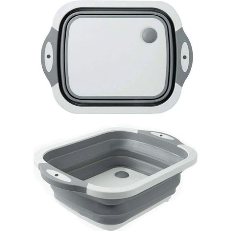 Bassines à linge pliables, égouttoir multifonctionnel pour bassines, planche à découper portable et panier d'égouttage rétractable.