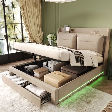 Polsterbett Samt Beige 180x200 cm mit LED-Beleuchtung, Stauraum und Lattenrost