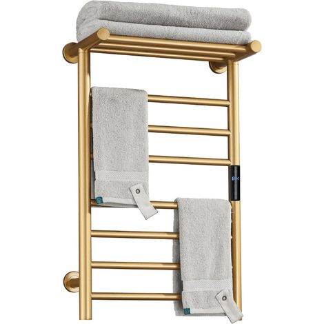 Radiateur Sèche-Serviette Électrique, Chauffe-Serviettes À 7 Barres Doré avec Étagère, Porte-Serviettes Chauffant en Fibre De Carbone en Mural, 72 45 25cm (Plug in) (1/5)
