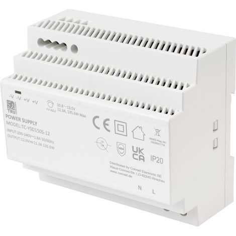 TRU COMPONENTS TC-13710892 Alimentation rail DIN Consommation (veille) 0.3 W 12 V/DC 11.3 A 135.6 W Nbr. de sorties:1 x