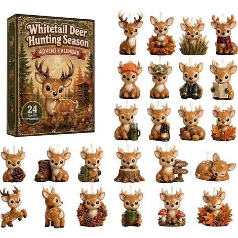 Adventskalender-Geschenkbox „Waldhirsch“ 2026 – 24 flache 2D-Acryl-Hängeornamente – Hirschmotiv im Wald mit Blättern und Pilzen (1/5)