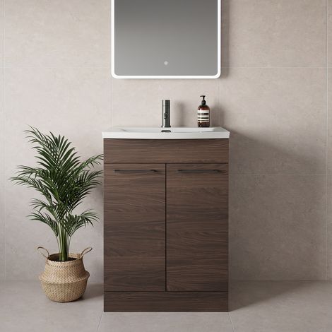 Napoli 390 Brown Oak 600mm 2 Door Vanity Unit with Arc Basin - 600mm - Gunmetal Grey 160mm Handle