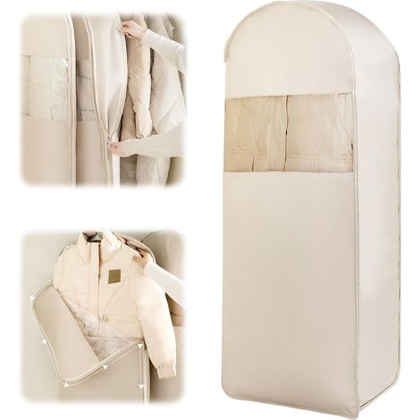 Housse Vetement Suspendu avec Fermeture éclair Auto-compressante, Housse de Rangement peu Encombrant pour Doudounes, Sac de Protection Respirant pour Manteaux Costume, 1Pc (Beige) (1/5)