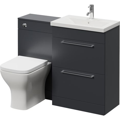 Napoli 390 Gloss Grey 1100mm 2 Drawer Vanity Unit Toilet Suite with Glide Basin - 1100mm - Chrome 320mm HandleWith Kingston Toilet Pan and Seat