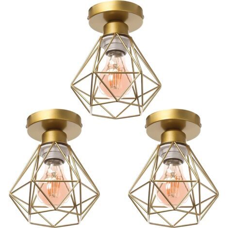 E27 Plafonnier Industriel Suspension Luminaire Vintage Design Lustre Métal Rétro forme Cage Ø160mm éclairage plafond , Doré (3pcs) (1/5)