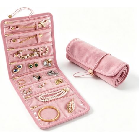 Pochette de rangement pour bijoux haut de gamme et raffinée, pochette organisatrice de bijoux grande capacité, pochette de rangement portable pour colliers, bracelets et bagues, pochette de rangement (1/4)