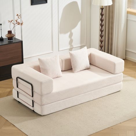 Canapé-lit de sol compressé convertible 2 en 1 avec dossier et accoudoirs pliables, coussins de soutien, sans montage, velours côtelé, Blanc (1/5)