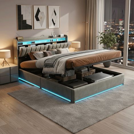 Lit Coffre 140x200 cm avec éclairage LED – Tête de Lit rembourrée – Espace de rangement sous le lit – adapté aux adultes et adolescents – Velours (1/5)