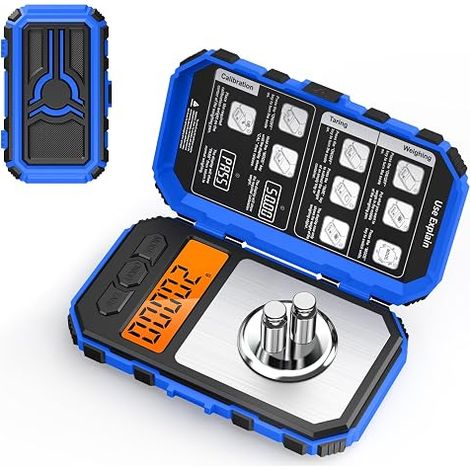 Digital Kitchen Scale, 50g/0.1g Milligram Scales, Food Scale with Tare Function, Backlit, 2 x 10g Calibration Weight/Battery/Clamp Included - Blue (1/5)