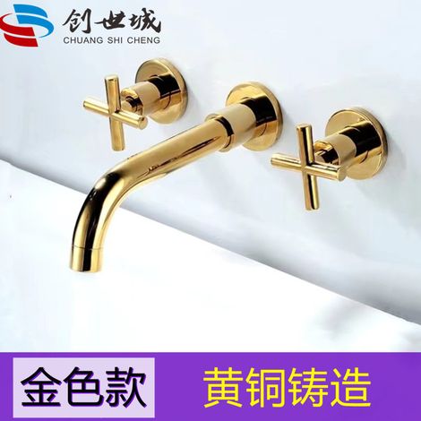All-copper concealed basin faucet, split type, double handle, wall-mounted, three-hole hot and cold water basin faucet, black bathtub faucet - double-opening gold model