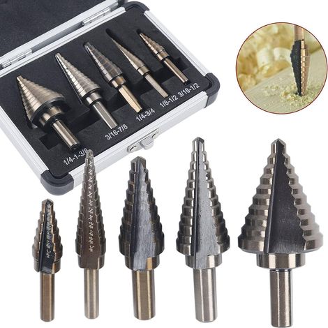 Stufenbohrer 5 tlg Kegelbohrer HSS Spiralnut Stufenbohrer Set Step Drill Bits Set Hochgeschwindigkeitsstahl Titanbeschichtet Spiralnut Stufenbohrer Set Bohrer für Edelstahl, Metall, Holz, Kunststoff