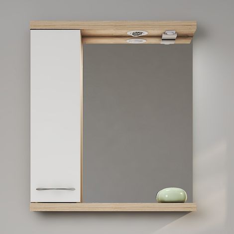 Specchio bagno 65 cm contenitore bicolore bianco e legno chiaro  LAC-ESTIA-65 kamalu